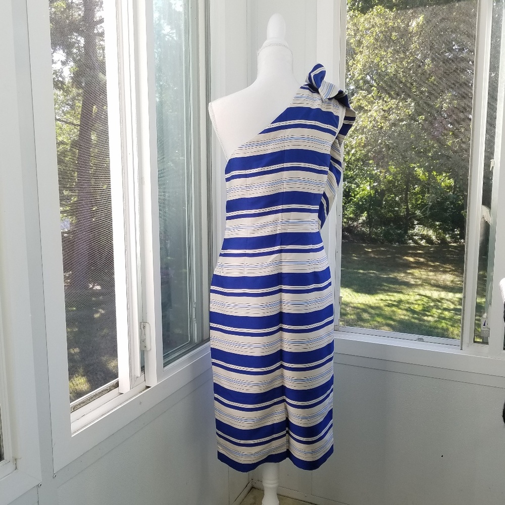 Banana Republic Tall Blue & Silver Striped One Shoulder Bow Midi Dress - Picture 5 of 8